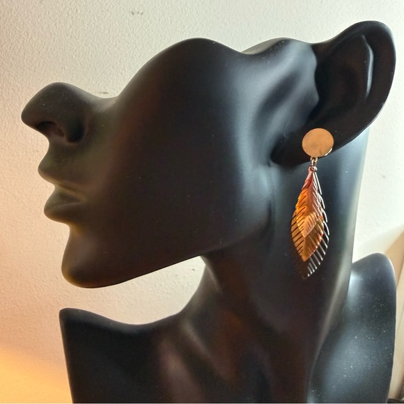 Jewelry - Yiyitian Gold-tone Black Stainless Steel Layered Feather Dangle Earrings NEW